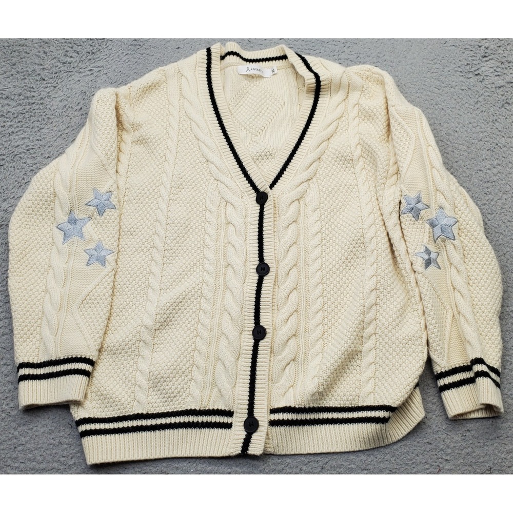 ANRABESS‎ Cardigan Womens XL Tan Cable Knit Embroidered Star V Neck Button Front